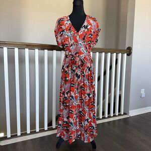 LOFT Red Floral Tropical Maxi Shirt Dress Short Sleeve‎ Sz 8 Resort Travel Boho